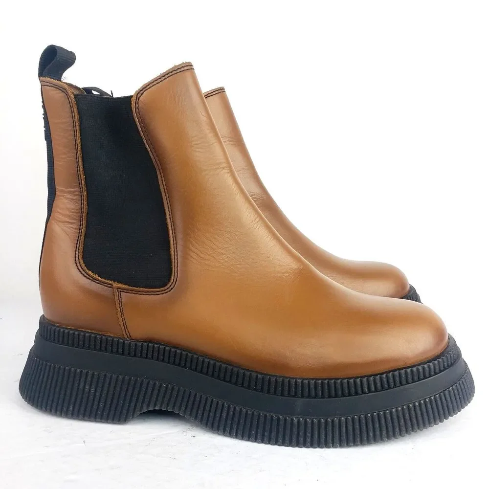 Ganni Womens Ankle Leather Boots Chelsea Platform Brown